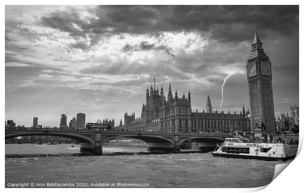 Black and white Big Ben and the houses of parliame Print by Ann Biddlecombe