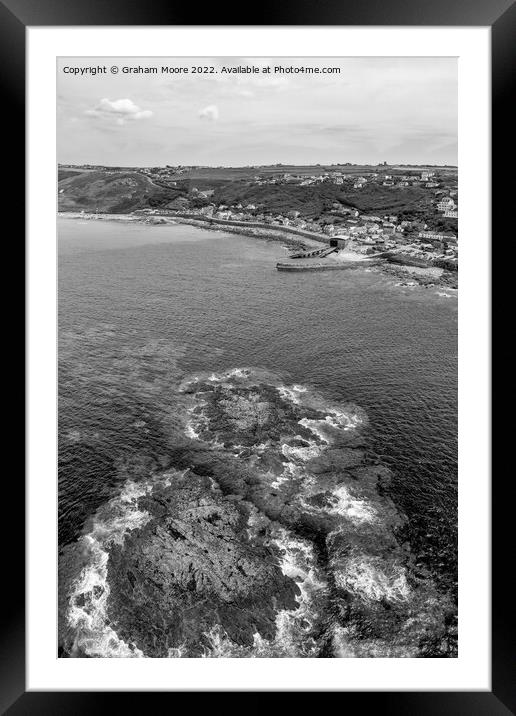 Sennen Cove from offshore monochrome Framed Mounted Print by Graham Moore