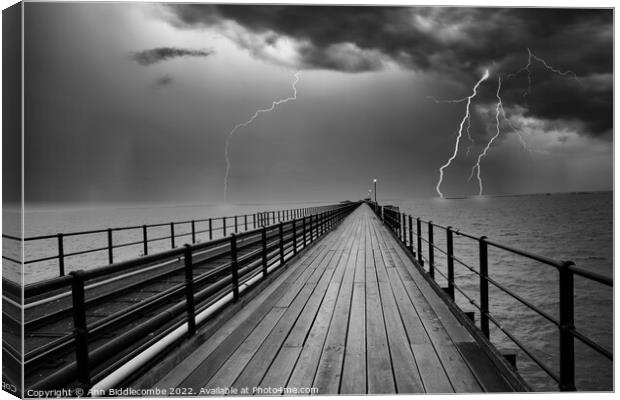 Storm over Southend on Sea pier Canvas Print by Ann Biddlecombe