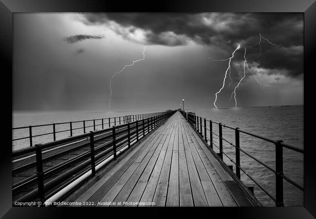 Storm over Southend on Sea pier Framed Print by Ann Biddlecombe