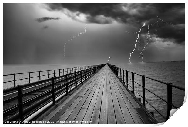 Storm over Southend on Sea pier Print by Ann Biddlecombe