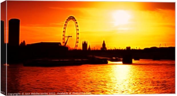 London Eye cityscape with flame effect Canvas Print by Ann Biddlecombe