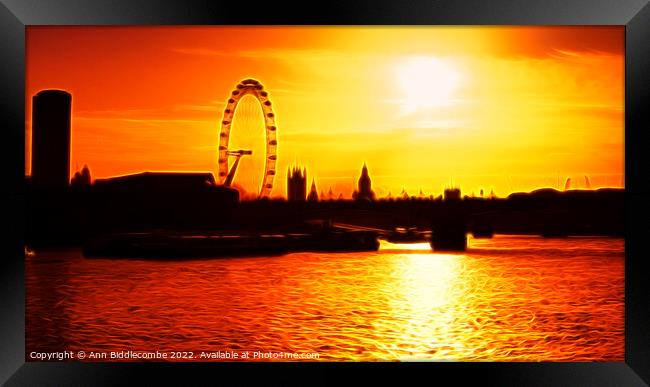 London Eye cityscape with flame effect Framed Print by Ann Biddlecombe