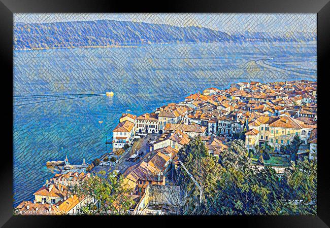MOSAIC EFFECT on  panoramic view of the city of Arona, lake Maggiore Italy Framed Print by daniele mattioda
