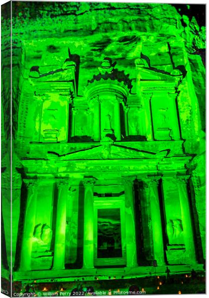Green Treasury Illuminated Night Petra Jordan  Canvas Print by William Perry