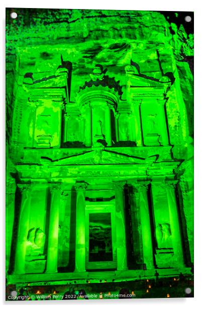 Green Treasury Illuminated Night Petra Jordan  Acrylic by William Perry