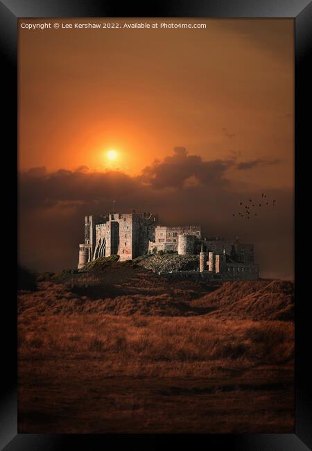 "Burning Splendor: Bamburgh Castle at Sunset" Framed Print by Lee Kershaw