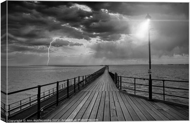 Southend on Sea pier as the storm comes in in black and white Canvas Print by Ann Biddlecombe