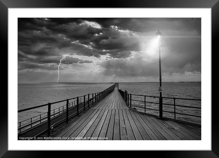 Southend on Sea pier as the storm comes in in black and white Framed Mounted Print by Ann Biddlecombe