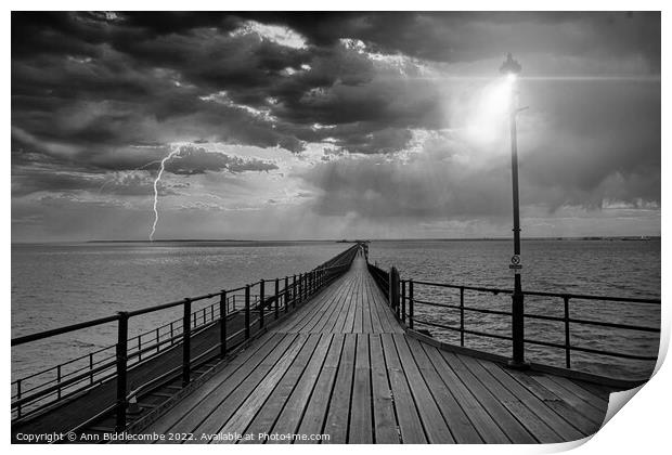 Southend on Sea pier as the storm comes in in black and white Print by Ann Biddlecombe