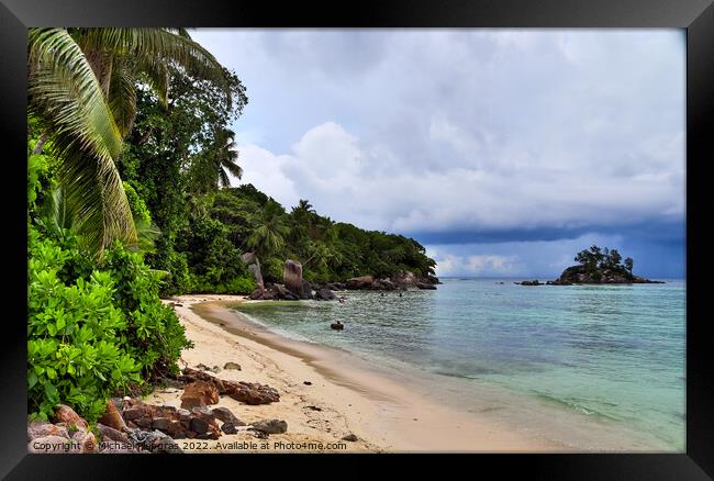 Sunny day beach view on the paradise islands Seychelles Framed Print by Michael Piepgras