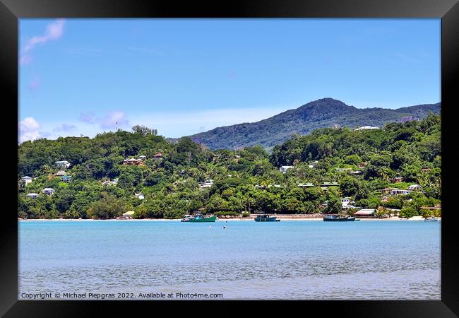 Sunny day beach view on the paradise islands Seychelles Framed Print by Michael Piepgras