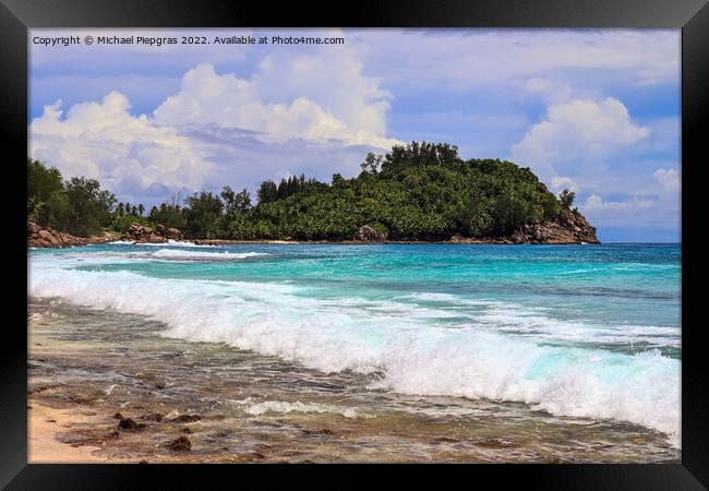 Sunny day beach view on the paradise islands Seychelles Framed Print by Michael Piepgras