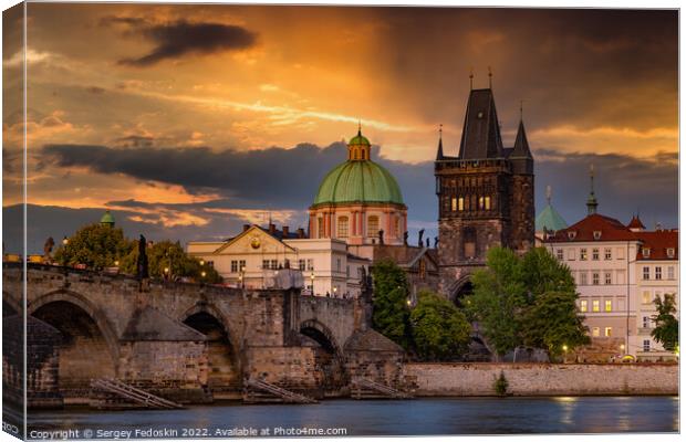 Colorful sunset view on old town, Charles bridge (Karluv Most - in czech) and Vltava river, Prague, Czech Republic. Canvas Print by Sergey Fedoskin