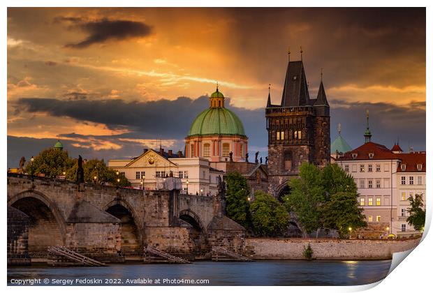 Colorful sunset view on old town, Charles bridge (Karluv Most - in czech) and Vltava river, Prague, Czech Republic. Print by Sergey Fedoskin