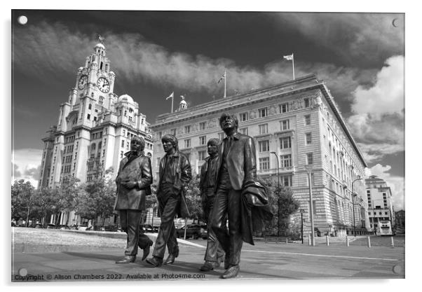 The Beatles Statue Liverpool Monochrome  Acrylic by Alison Chambers