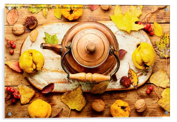 Quince tea and autumn leaves Acrylic by Mykola Lunov Mykola