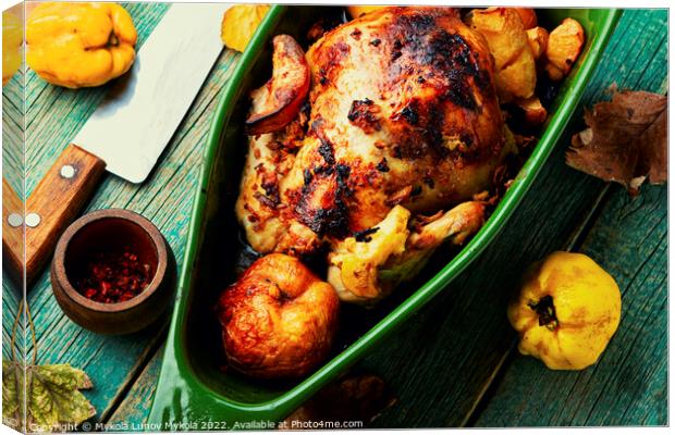 Whole chicken roasted with autumn quince Canvas Print by Mykola Lunov Mykola