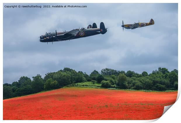 Lancaster Bomber And Hawker Hurricane Flying Over  Print by rawshutterbug 