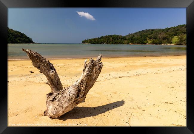 Driftwood on the white sand beach at Layan, Bang Tao Bay, Phuket Framed Print by Kevin Hellon
