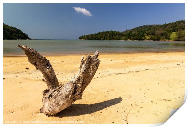 Driftwood on the white sand beach at Layan, Bang Tao Bay, Phuket Print by Kevin Hellon