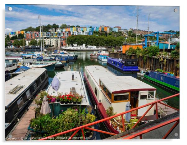 Vibrant Barges at Bristol Marina Acrylic by Janet Carmichael