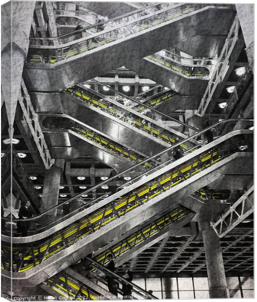Escalator inside the Lloyd’s of London insurance building Canvas Print by Milton Cogheil
