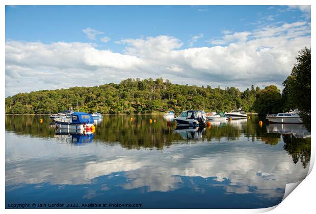 Moored Yachts Reflected Loch Lomond Scotland  Print by Iain Gordon