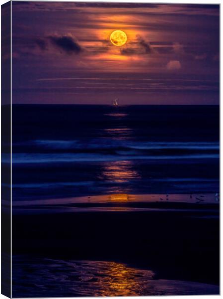 Golden Harvest Moon rising over dark North Sea Canvas Print by DAVID FRANCIS