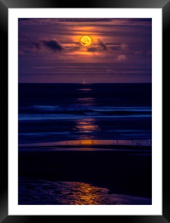 Golden Harvest Moon rising over dark North Sea Framed Mounted Print by DAVID FRANCIS