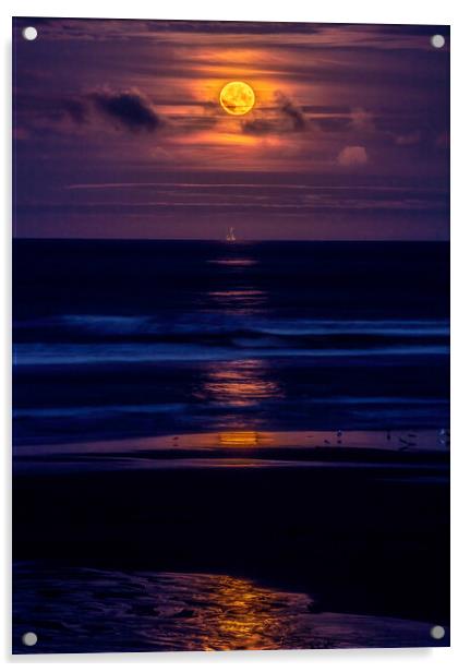 Golden Harvest Moon rising over dark North Sea Acrylic by DAVID FRANCIS