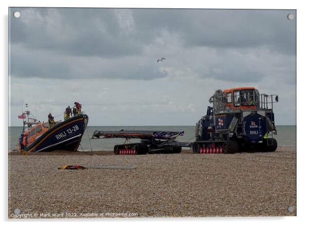 Hastings Lifeboat returing to the Station using the recovery vehicle. Acrylic by Mark Ward