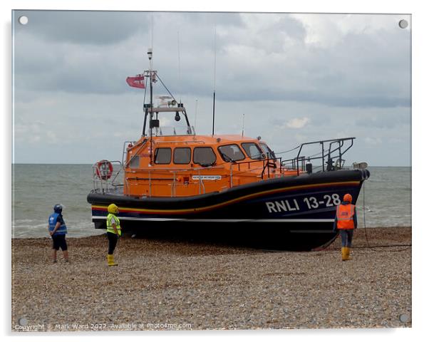 The Hastings lifeboat returning home. Acrylic by Mark Ward