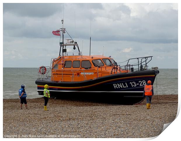 The Hastings lifeboat returning home. Print by Mark Ward