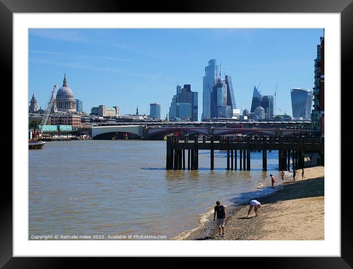 Thames Beach and London Skyline Framed Mounted Print by Nathalie Hales
