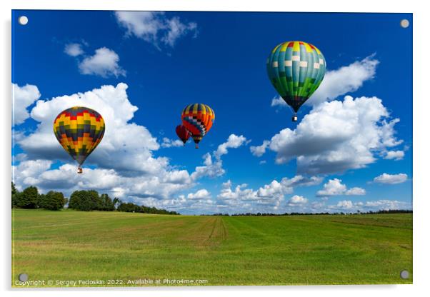 Colorful hot air balloons over green rice field. Acrylic by Sergey Fedoskin