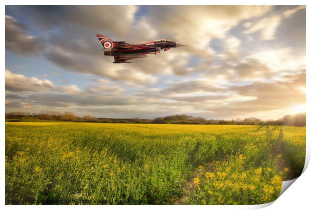 RAF Typhoon Eurofighter jet flying over rapeseed crops Print by Simon Bratt LRPS
