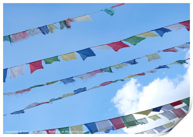 Tibetan prayer flags against the blue sky Print by Lensw0rld 