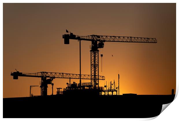 Cranes Silhouette Against Sunset Sky Print by Artur Bogacki