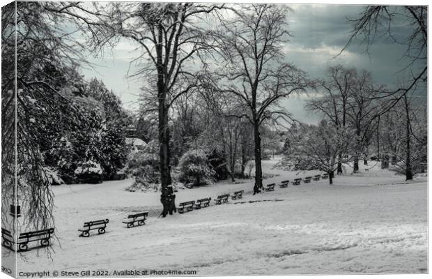 Row of Seats Along a Snow Covered Park on a wintry January morning.  Canvas Print by Steve Gill