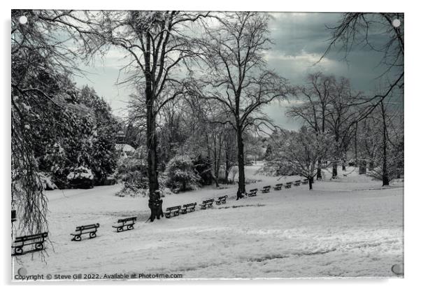 Row of Seats Along a Snow Covered Park on a wintry January morning.  Acrylic by Steve Gill
