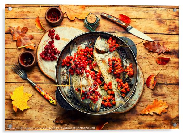 Baked fish in viburnum syrup Acrylic by Mykola Lunov Mykola