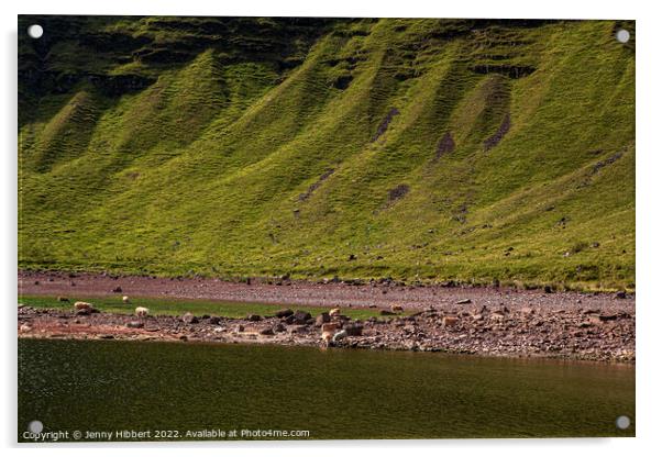 Llyn Y Fan Fawr lake in the drought with the mountain range Acrylic by Jenny Hibbert