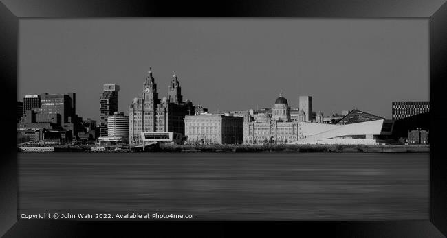 Liverpool Waterfront Skyline (Black and White) Framed Print by John Wain