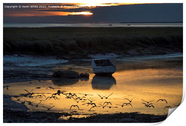 Fishing boat at sunset Print by Kevin White