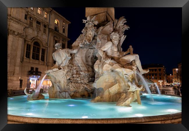 Fiumi Fountain at Night in Rome Framed Print by Artur Bogacki