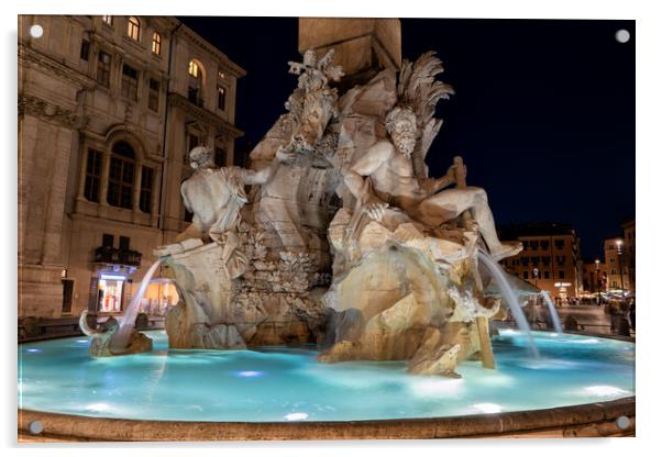 Fiumi Fountain at Night in Rome Acrylic by Artur Bogacki