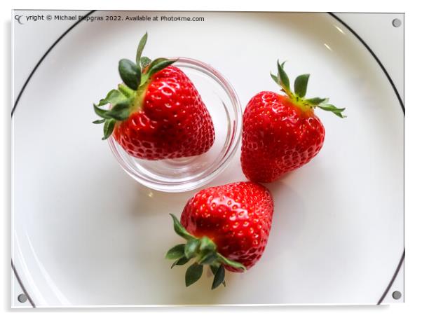 Strawberries with leaves on a plate in a glas bowl. Isolated on  Acrylic by Michael Piepgras