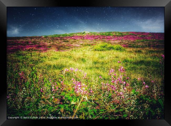Enchanting Night Sky over Wild Flowers Framed Print by Beryl Curran