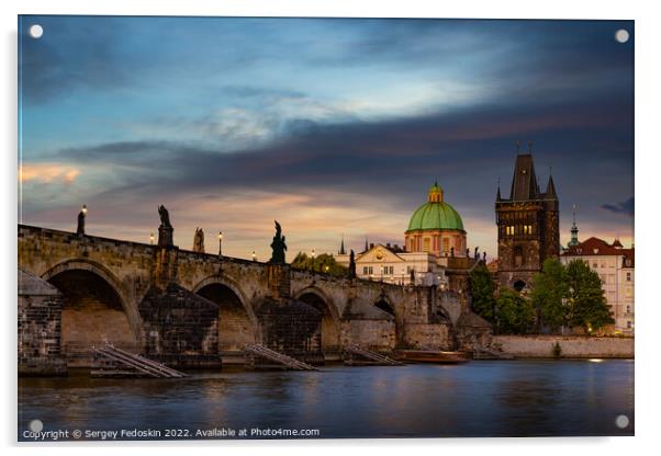 Colorful sunset view on old town, Charles bridge (Karluv Most - in czech) and Vltava river, Prague, Czech Republic. Acrylic by Sergey Fedoskin